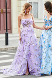 Magnífico vestido de fiesta largo lila de tirantes de espagueti de una línea con flores 3D