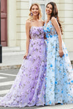 Magnífico vestido de fiesta largo lila de tirantes de espagueti de una línea con flores 3D