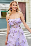 Magnífico vestido de fiesta largo lila de tirantes de espagueti de una línea con flores 3D