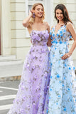 Magnífico vestido de fiesta largo lila de tirantes de espagueti de una línea con flores 3D
