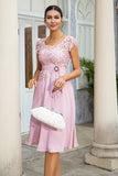 Vestido rosa de gasa madre de la novia con encaje