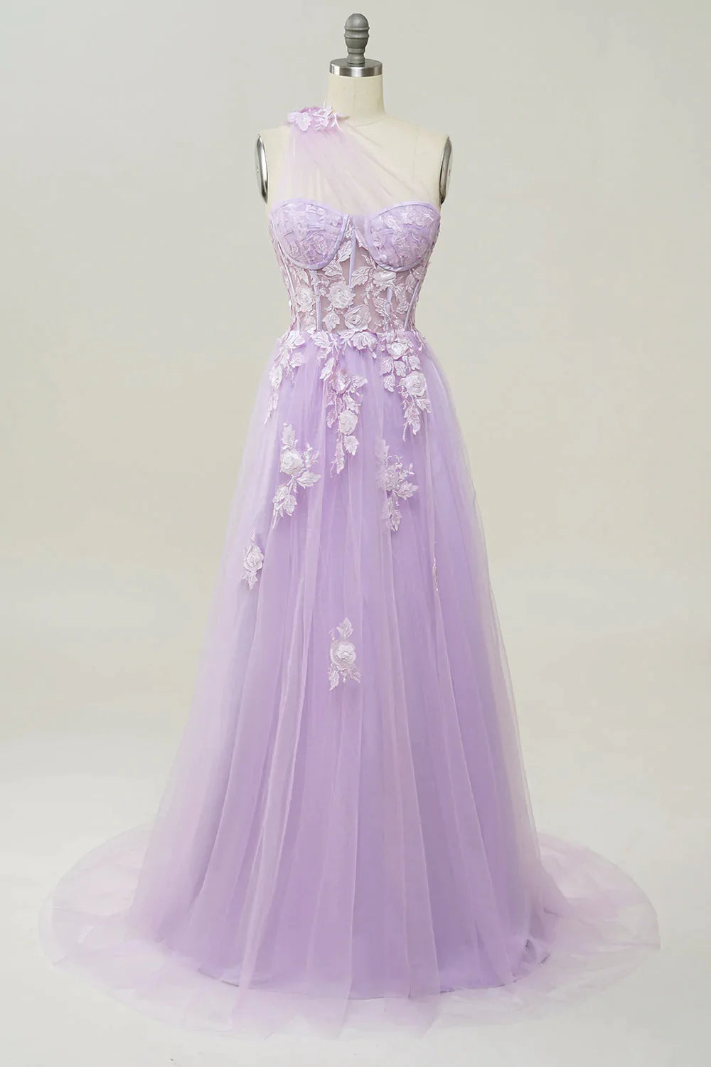 Elegante vestido de graduación largo púrpura de un hombro con apliques