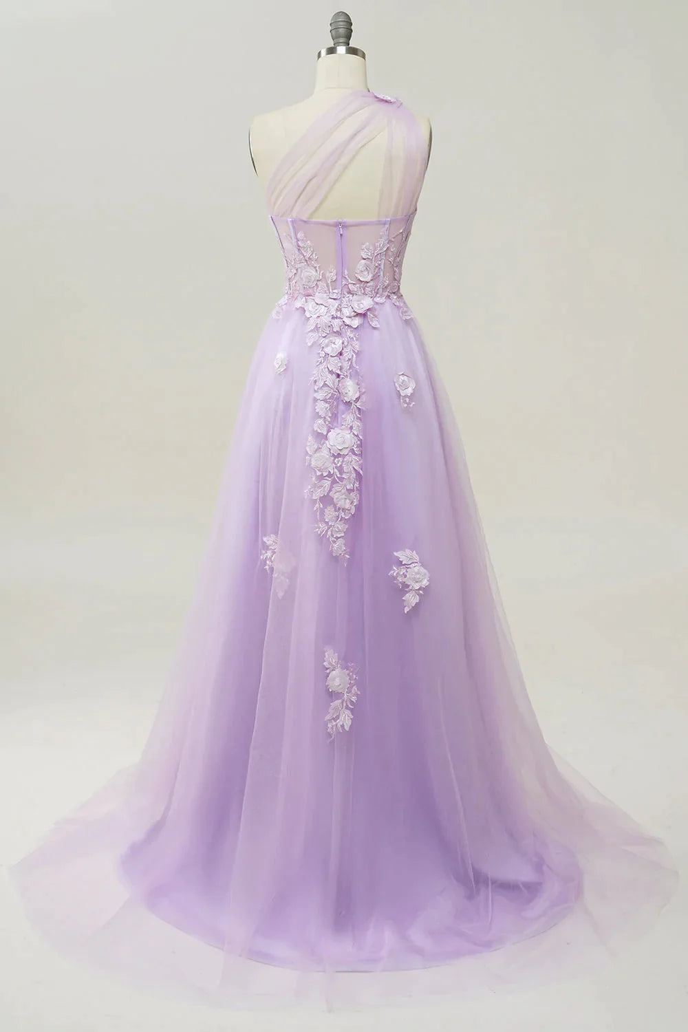 Elegante vestido de graduación largo púrpura de un hombro con apliques