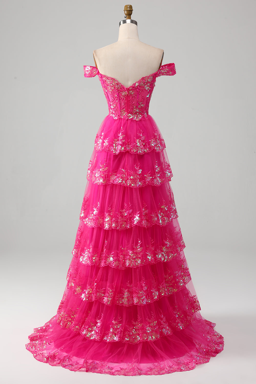 Princesa Una línea con hombros descubiertos Vestido de fiesta largo negro rosa con encaje escalonado