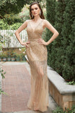 Vestido de fiesta largo dorado con espalda abierta y escote en V profundo de sirena