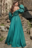 Línea A Escote corazón Verde Oscuro Vestido de noche largo con mangas largas