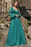 Línea A Escote corazón Verde Oscuro Vestido de noche largo con mangas largas