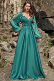 Línea A Escote corazón Verde Oscuro Vestido de noche largo con mangas largas
