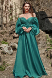 Línea A Escote corazón Verde Oscuro Vestido de noche largo con mangas largas
