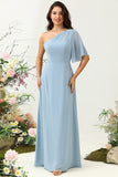 Gris Azul Un Hombro Gasa Boho Vestido de dama de honor