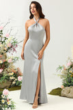 Simple gris halter vestido de dama de honor largo con hendidura
