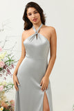 Simple gris halter vestido de dama de honor largo con hendidura