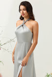 Simple gris halter vestido de dama de honor largo con hendidura