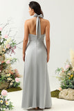 Simple gris halter vestido de dama de honor largo con hendidura