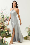 Simple gris halter vestido de dama de honor largo con hendidura