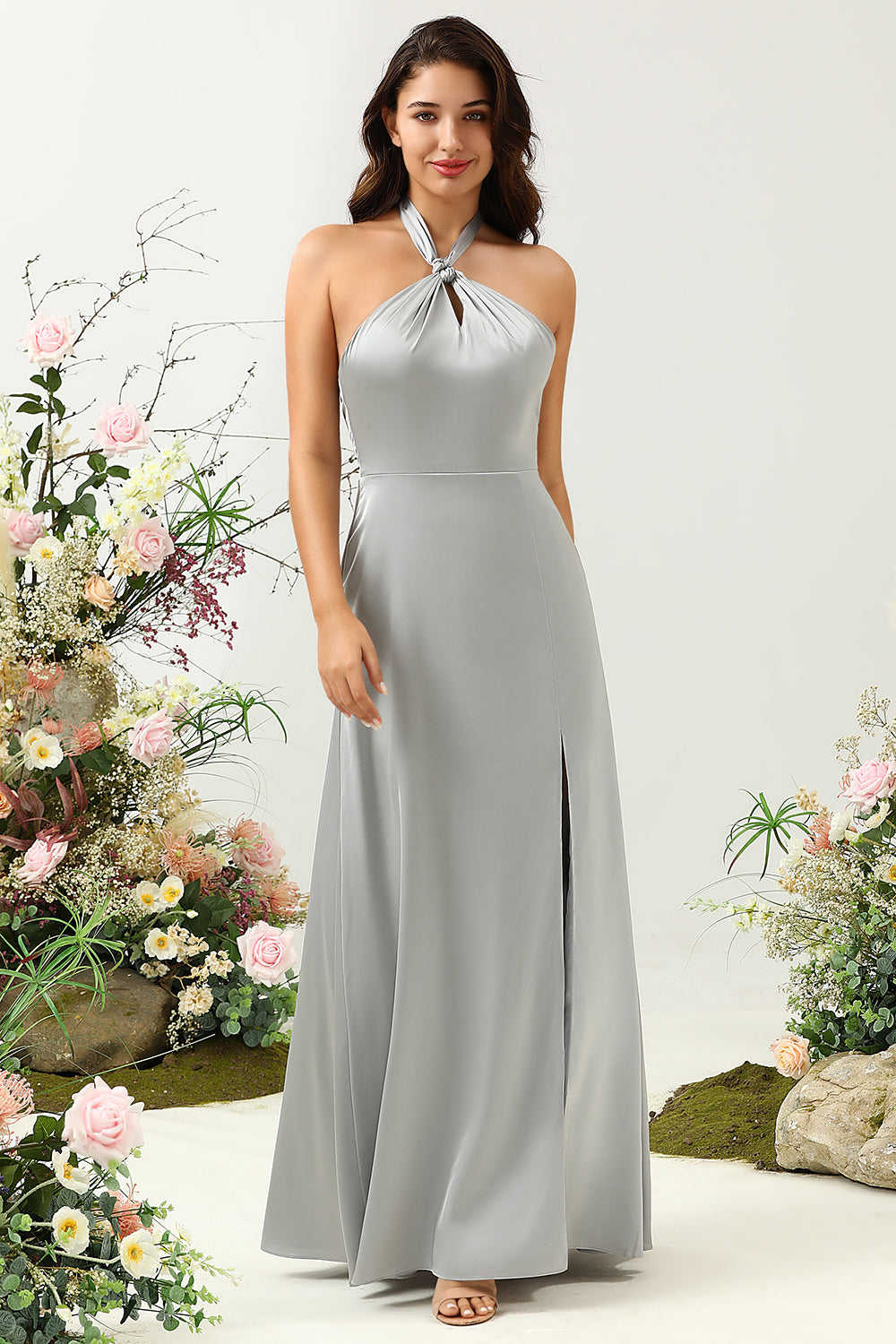 Simple gris halter vestido de dama de honor largo con hendidura