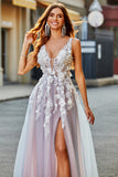 Gris Rosa A Línea Un Vestido Largo De Fiesta Con Escote En V Profundo Con Apliques