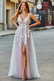 Gris Rosa A Línea Un Vestido Largo De Fiesta Con Escote En V Profundo Con Apliques