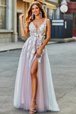 Gris Rosa A Línea Un Vestido Largo De Fiesta Con Escote En V Profundo Con Apliques