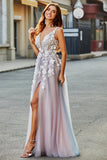 Gris Rosa A Línea Un Vestido Largo De Fiesta Con Escote En V Profundo Con Apliques