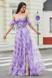 Vestido de fiesta de una línea con estampado lavanda y mangas extraíbles