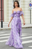 Vestido de fiesta de una línea con estampado lavanda y mangas extraíbles