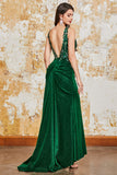 Vestido de fiesta de sirena verde oscuro brillante con abertura