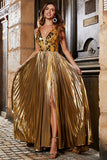 Impresionante vestido de fiesta largo dorado con cuello en V de una línea con frente dividido