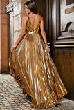 Vestido de fiesta brillante con espejo plateado con cuello en V y cuello en V brillante con abertura