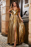 Impresionante vestido de fiesta largo dorado con cuello en V de una línea con frente dividido