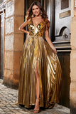 Vestido de fiesta brillante con espejo plateado con cuello en V y cuello en V brillante con abertura