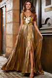 Vestido de fiesta brillante con espejo plateado con cuello en V y cuello en V brillante con abertura