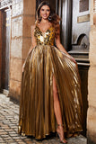Vestido de fiesta brillante con espejo plateado con cuello en V y cuello en V brillante con abertura