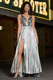 Vestido de fiesta brillante con espejo plateado con cuello en V y cuello en V brillante con abertura