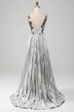 Vestido de fiesta brillante con espejo plateado con cuello en V y cuello en V brillante con abertura