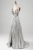 Vestido de fiesta brillante con espejo plateado con cuello en V y cuello en V brillante con abertura
