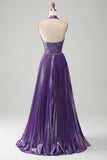 Vestido de fiesta de línea halter púrpura brillante con plisado