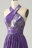 Vestido de fiesta de línea halter púrpura brillante con plisado