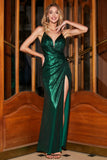 Vestido de fiesta largo de tirantes de espagueti de sirena verde oscuro con espalda abierta