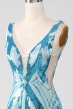 Vestido de fiesta sirena azul brillante con escote en V y lentejuelas