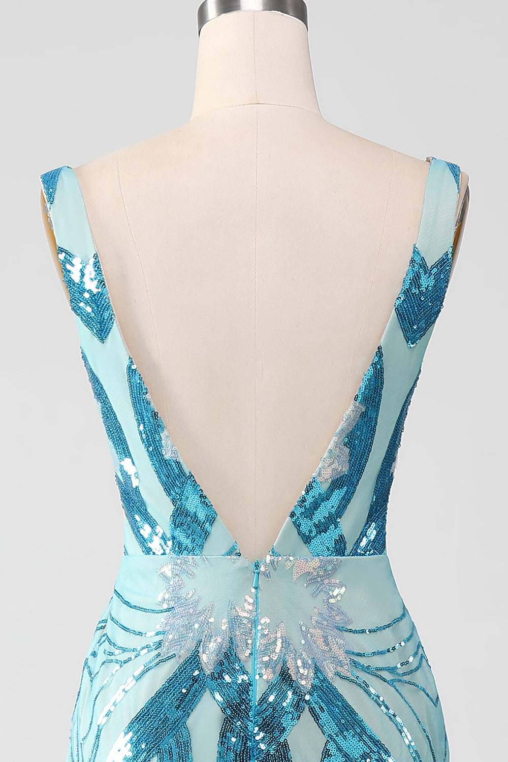 Vestido de fiesta sirena azul brillante con escote en V y lentejuelas