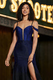 Vestido de fiesta con cuentas de corsé largo de sirena azul marino brillante con abertura