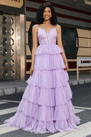 Princesa púrpura Una línea de tirantes de espagueti Corsé Vestido de fiesta con apliques volantes