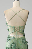 Vestido de fiesta de corsé verde con tirantes de espagueti de sirena con apliques