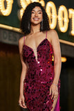 Tirantes de espagueti Vestido largo de fiesta de lentejuelas de sirena brillante de color rosa intenso con abertura