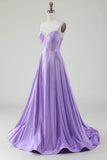 Vestidos de fiesta de corsé con abertura lateral de línea A lila brillante simple con pedrería