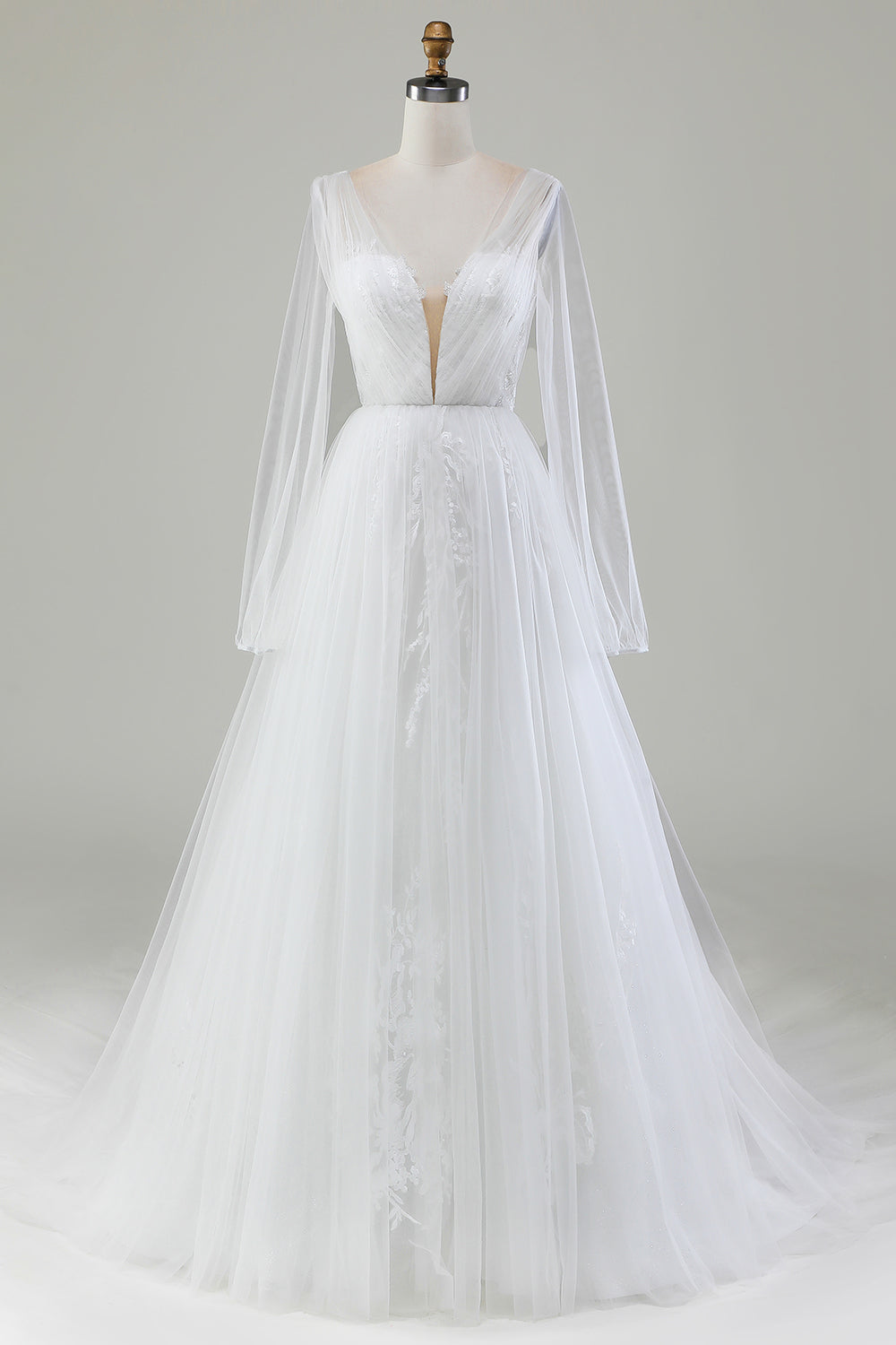 Vestido de novia de tul plisado con escote en V marfil y manga larga