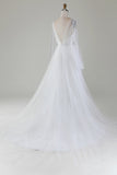 Vestido de novia de tul plisado con escote en V marfil y manga larga