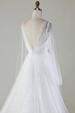 Vestido de novia de tul plisado con escote en V marfil y manga larga