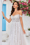 Desmontable Off the Shoulder Corsé Tul A Line Vestido de novia